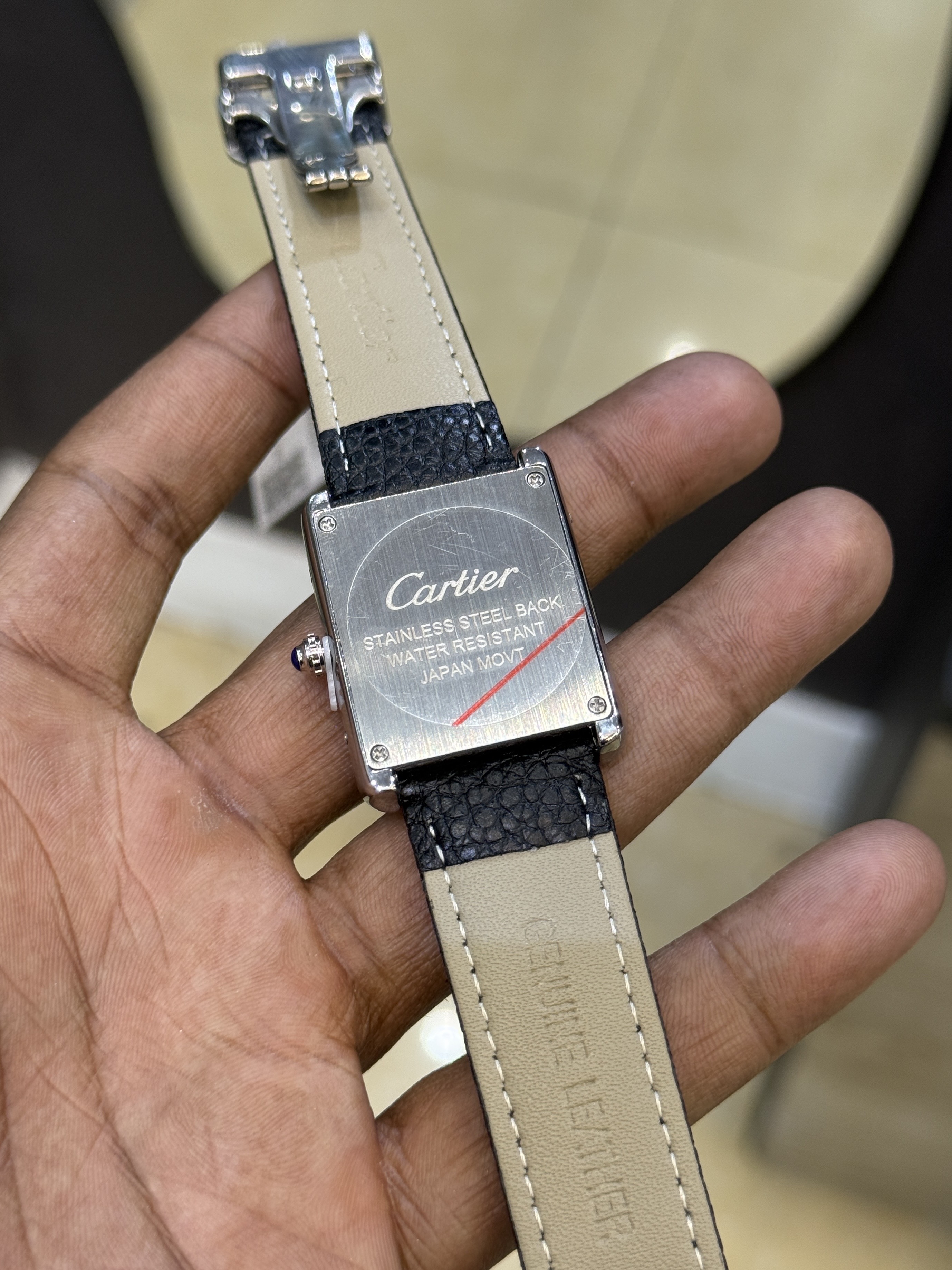 Cartier Tank Watch (Black-White) Pebbled Leather Strap_img_1