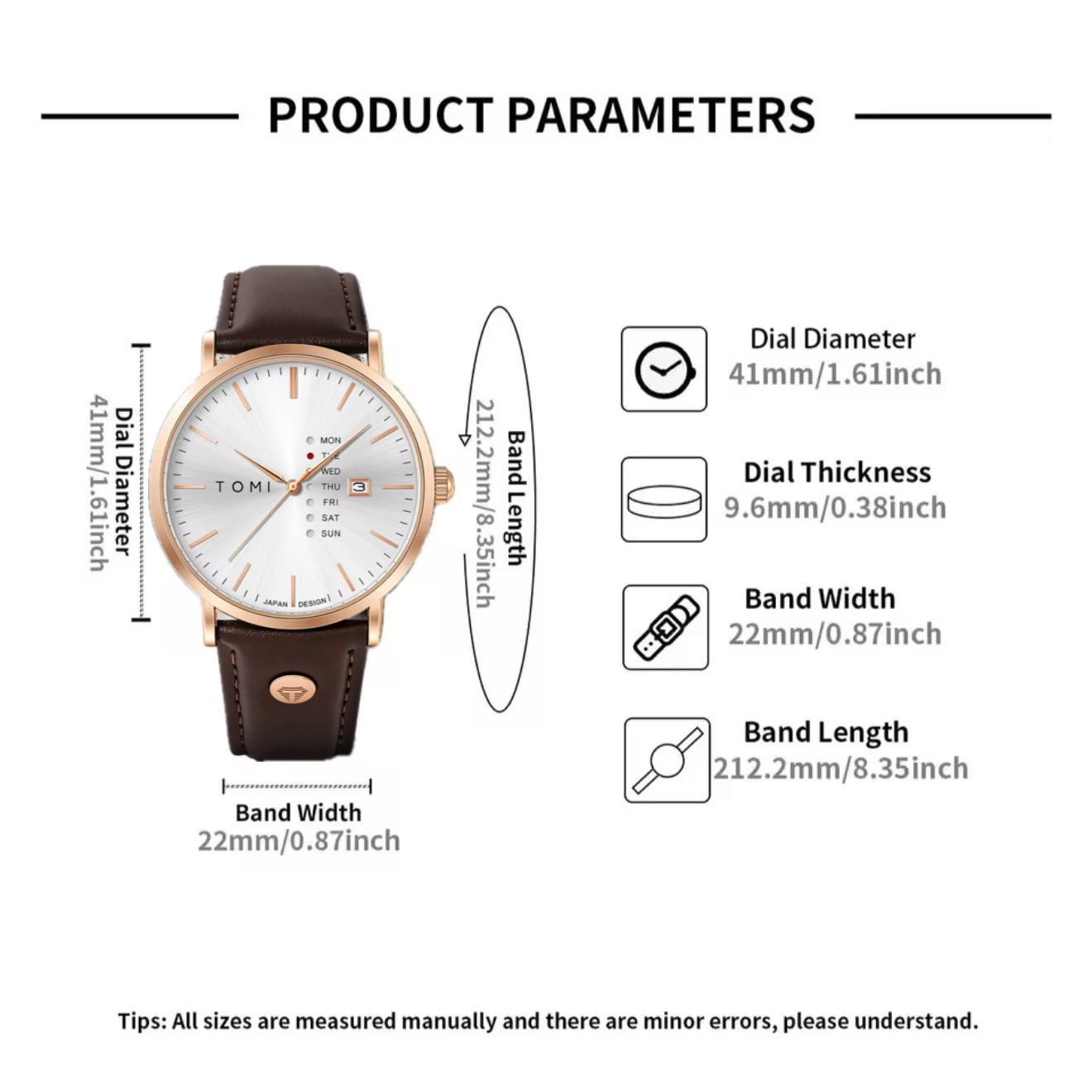 TOMI T-019 Men's Leather Belt Quartz Watch With Day Date (Brown-White)_img_4