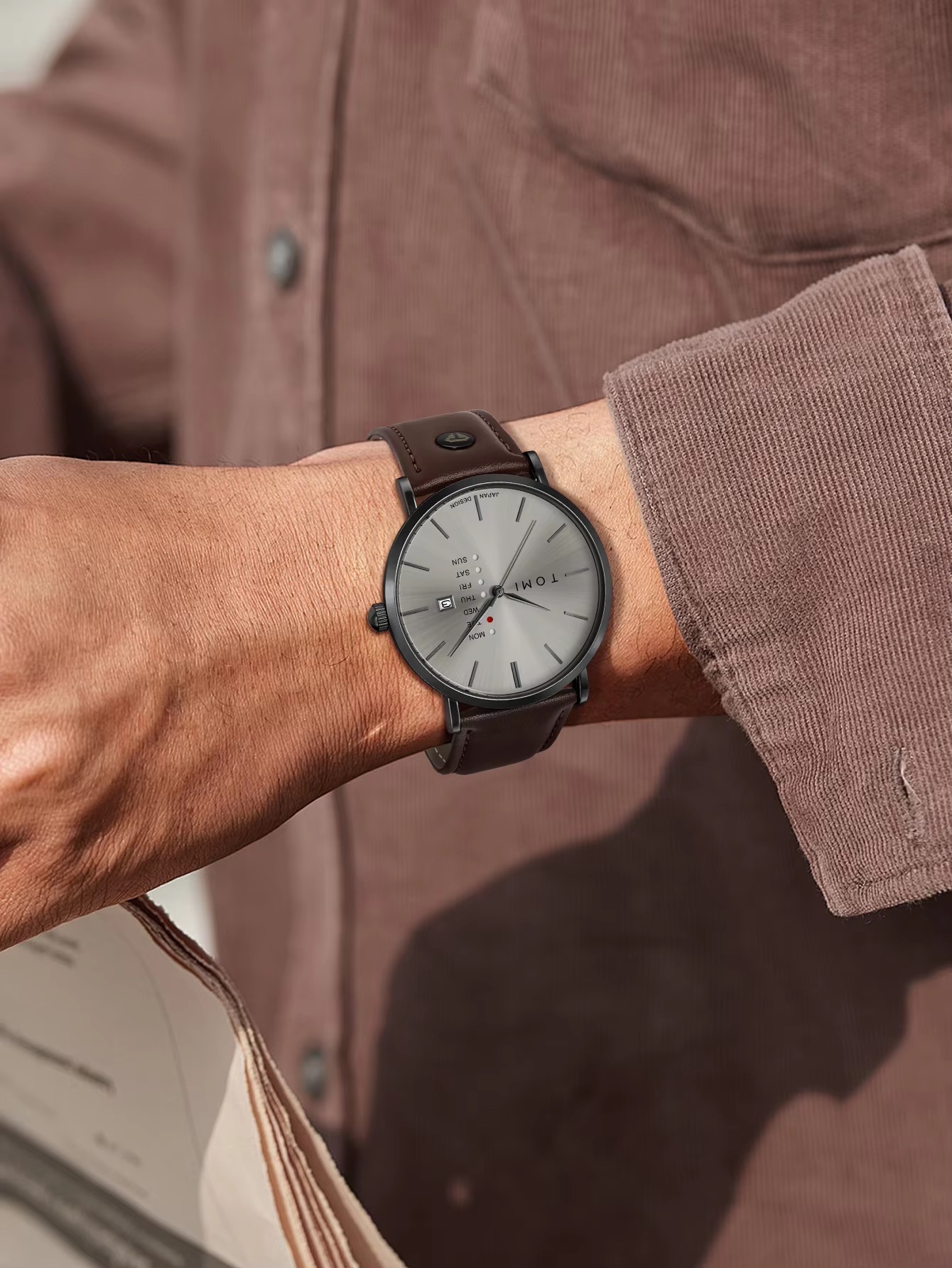 TOMI T-019 Men's Leather Belt Quartz Watch With Day Date (Brown-Ash)_img_3