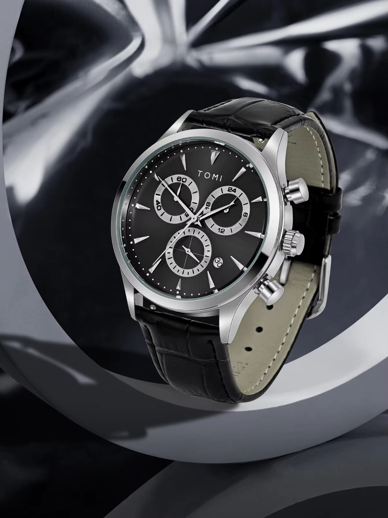 TOMI T-602 Chronograph Men's Leather Belt Quartz Watch (Black)_img_1