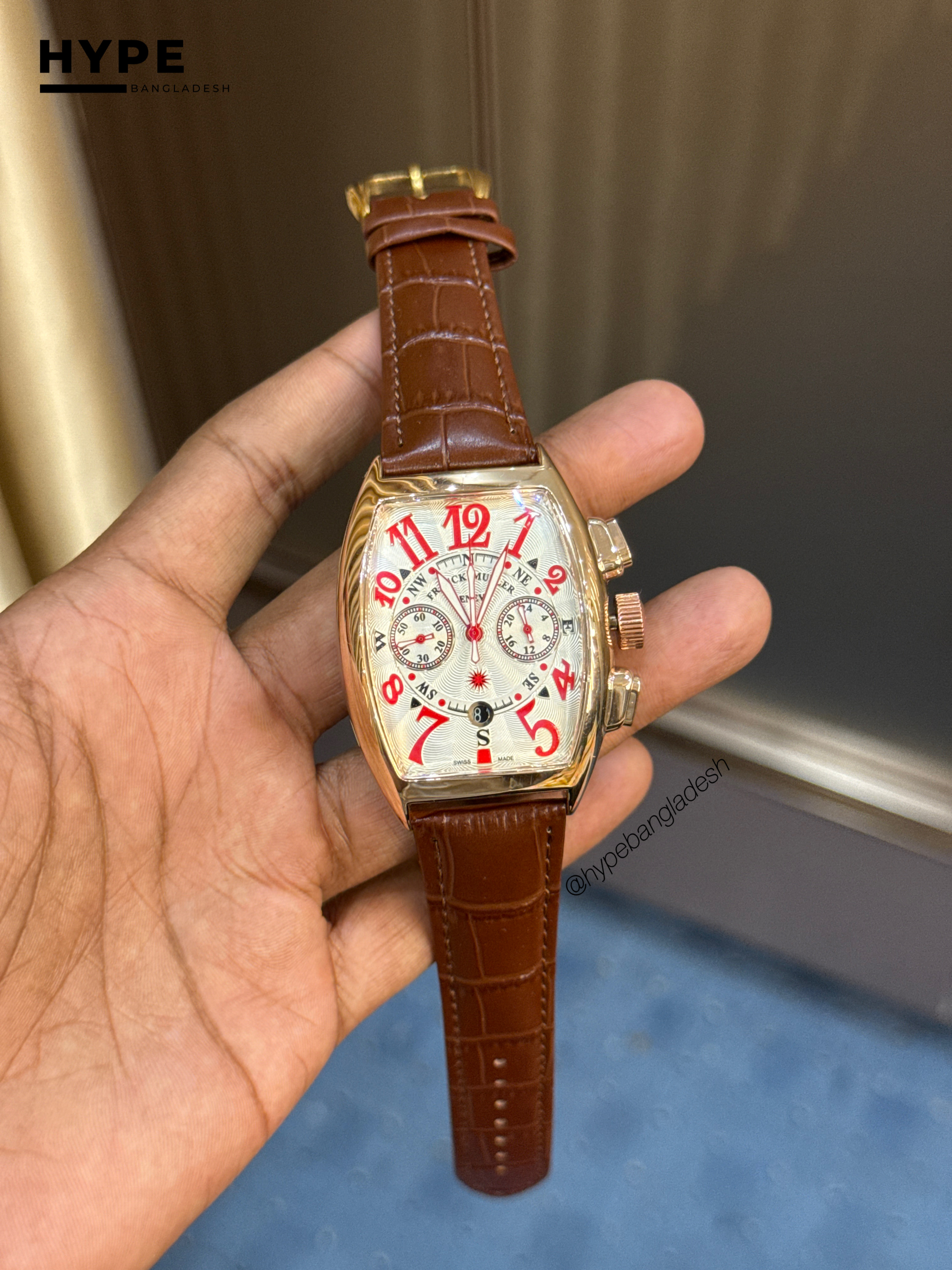 Franck Muller Quartz Chronograph Leather Belt (Brown-Red)