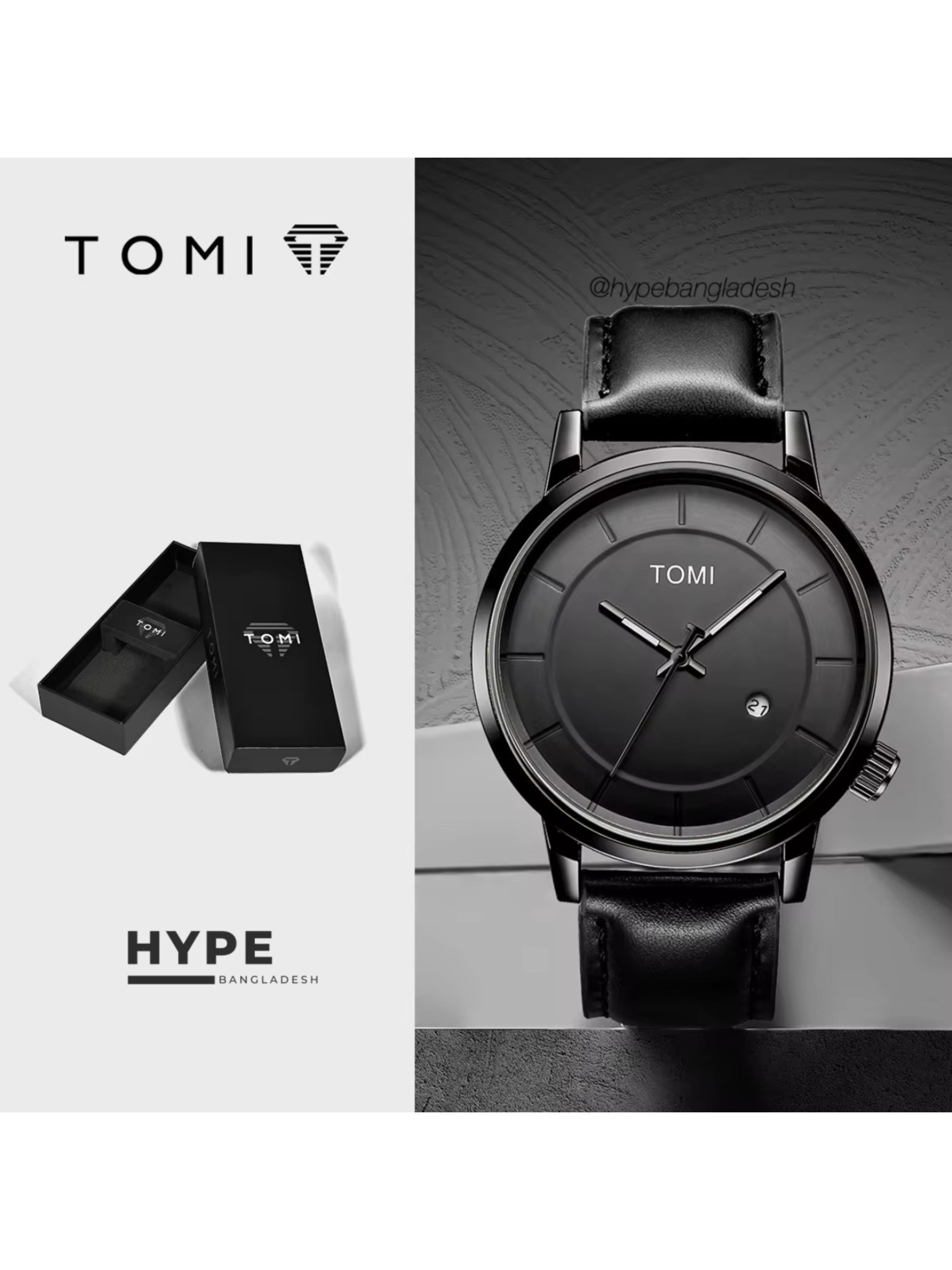 TOMI T-101 Men's Leather Belt Quartz Watch With Date (Black)