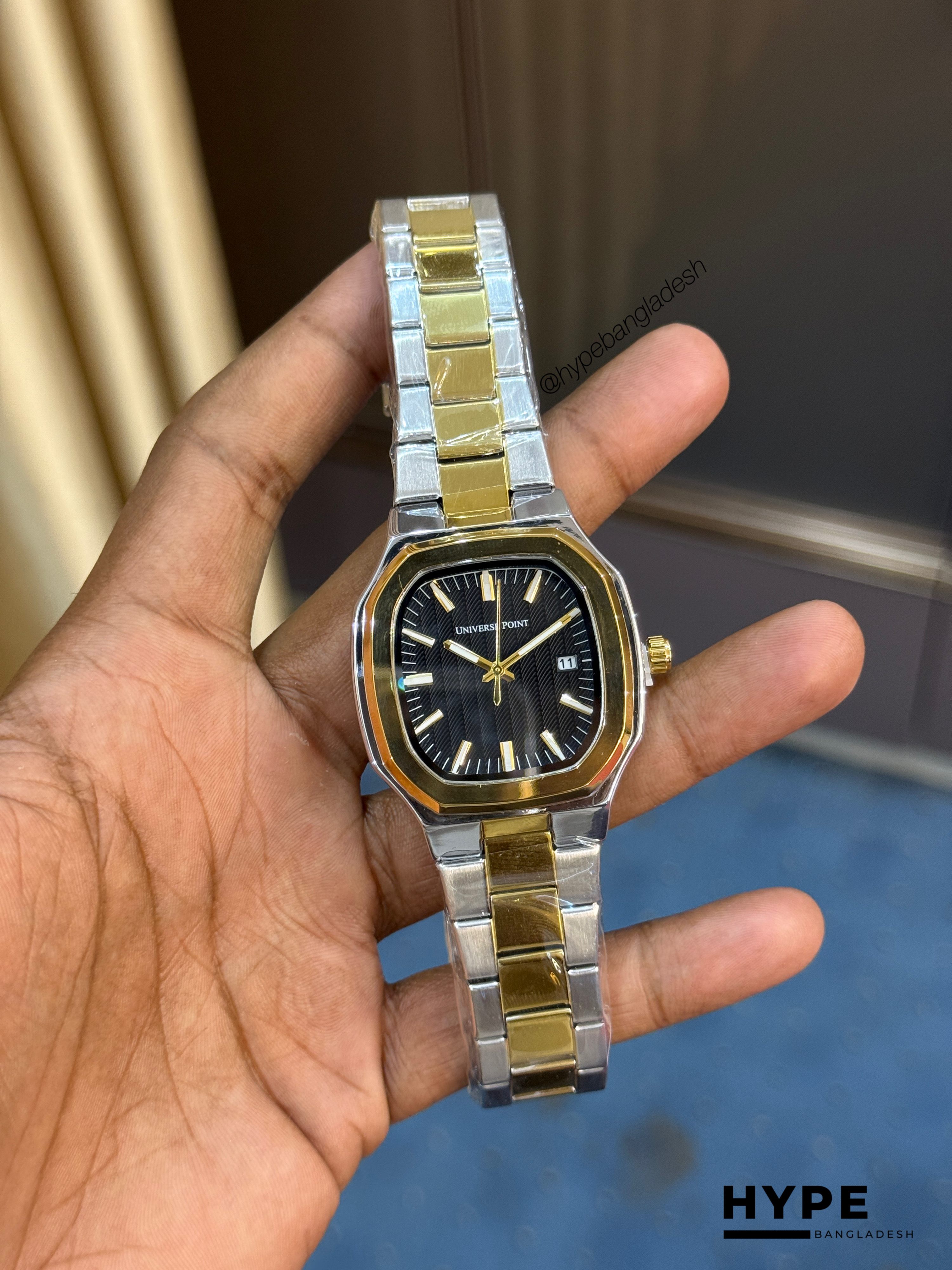 Universe Point Square Shape Quartz Watch With Date For Men (Silver-Gold-Black)