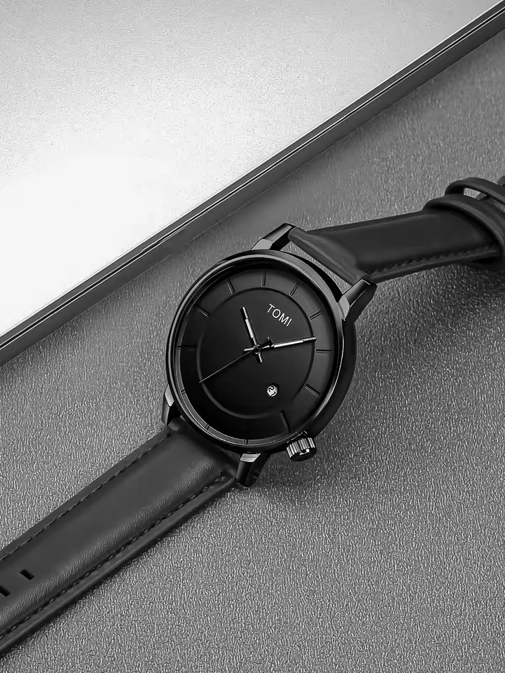 TOMI T-101 Men's Leather Belt Quartz Watch With Date (Black)_img_1