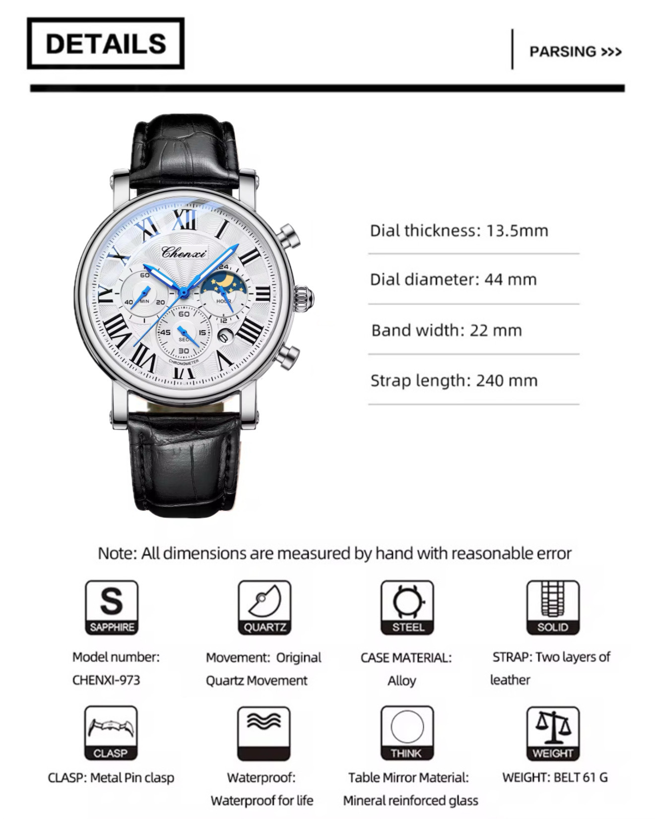 Chenxi CX-972 Chronograph Moonphase (Silver-White)_img_1
