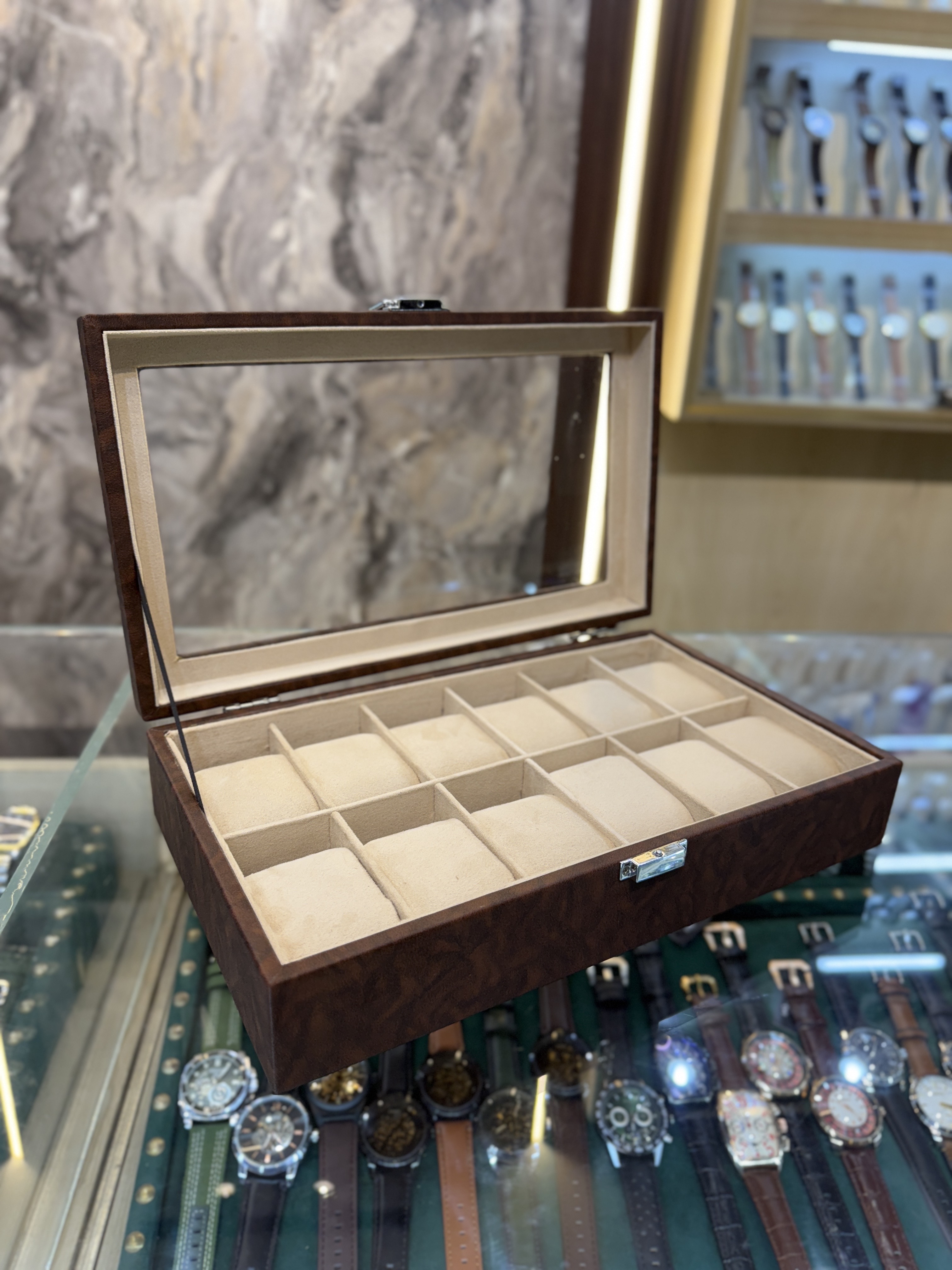 12 Slots Leather Watch Organizer Box (Brown-Cream)
