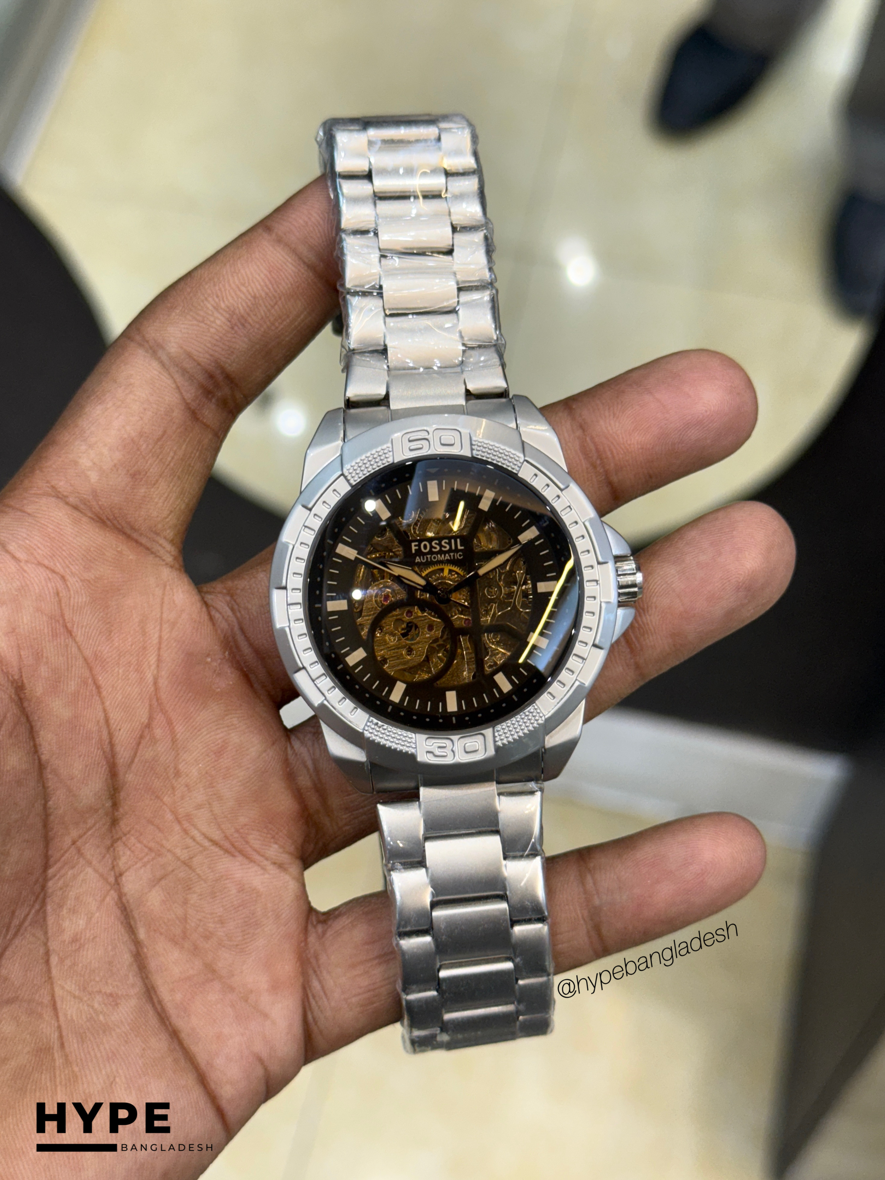 Fossil Chain Automatic Brown Glass (Silver)