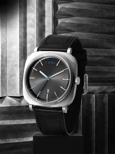 TOMI T-084 Men's Leather Belt Quartz Watch With Date (Silver-Black)_img_2