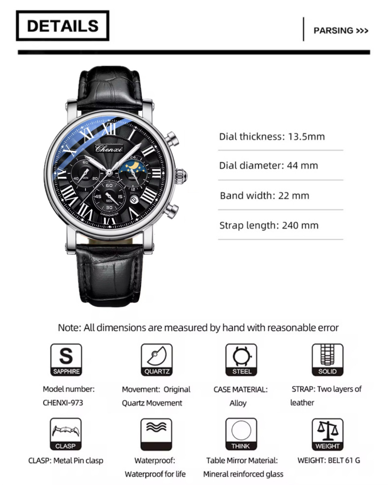 Chenxi CX-972 Chronograph Moonphase (Silver-Black)_img_2