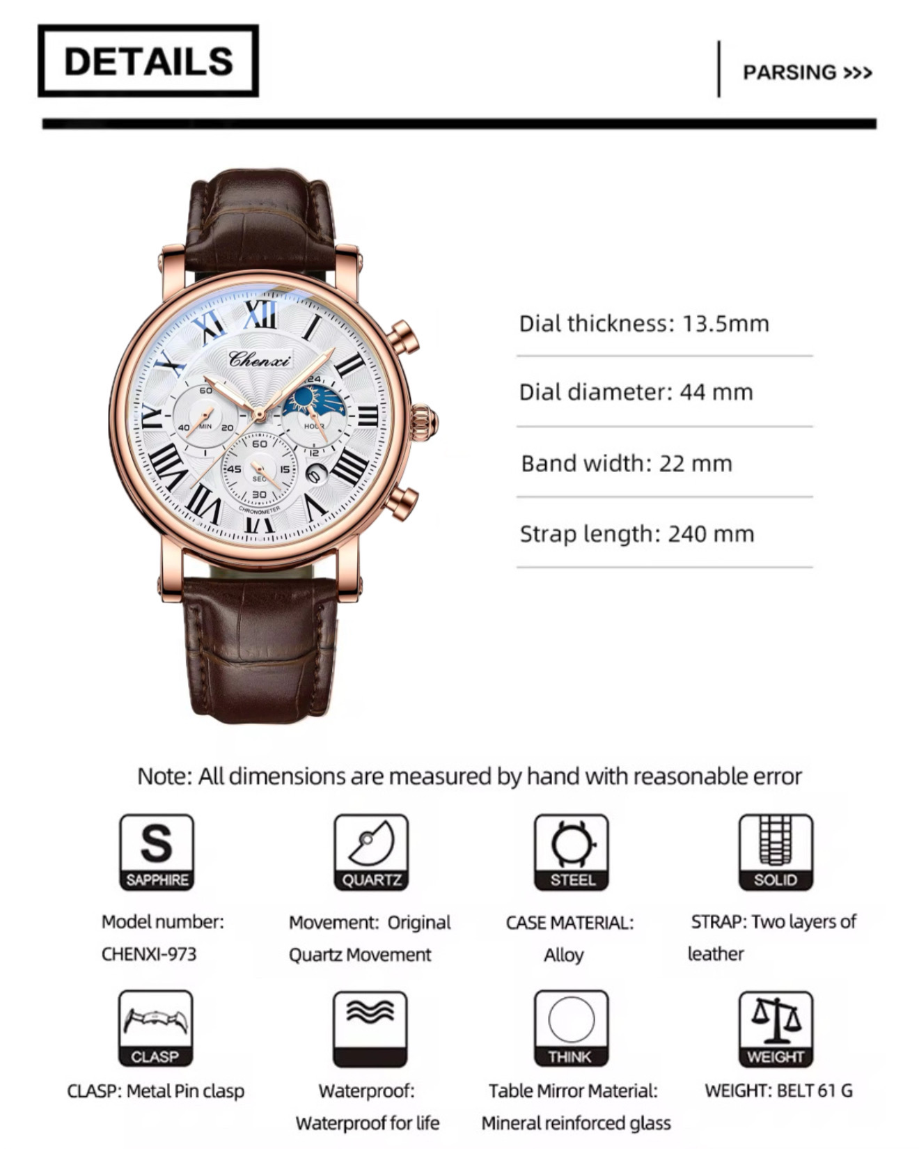Chenxi CX-972 Chronograph Moonphase (Brown-White)_img_4
