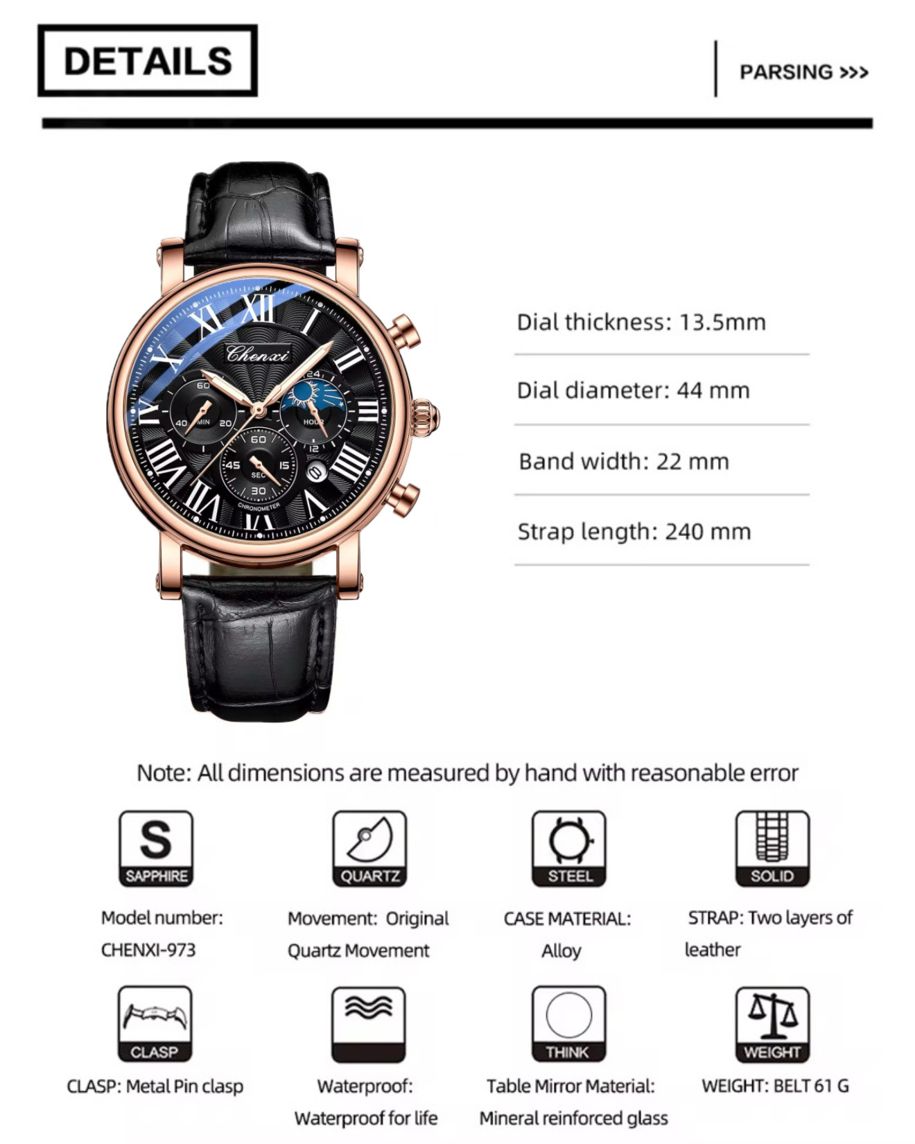 Chenxi CX-972 Chronograph Moonphase (Black-Rosegold)_img_4