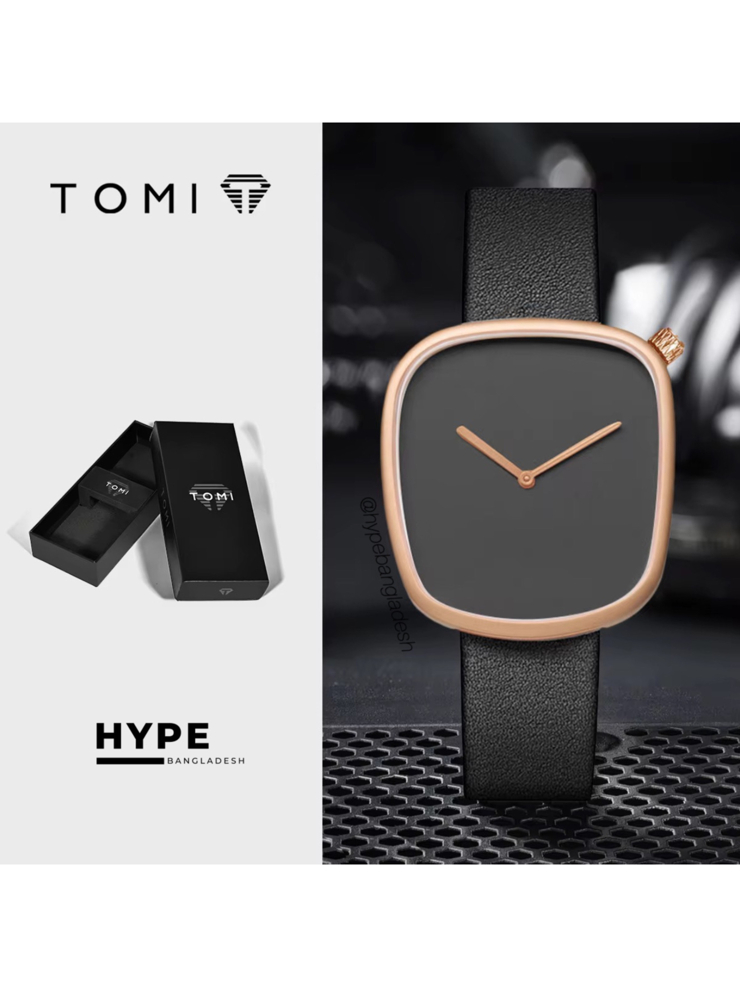 TOMI T-077 Unisex Leather Belt Casual Quartz Wrist Watch (Black-Rosegold)
