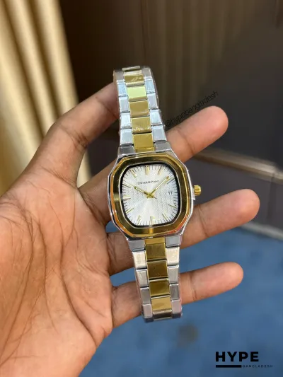 Universe Point Square Shape Quartz Watch With Date For Men (Silver-Gold-White)_img_0