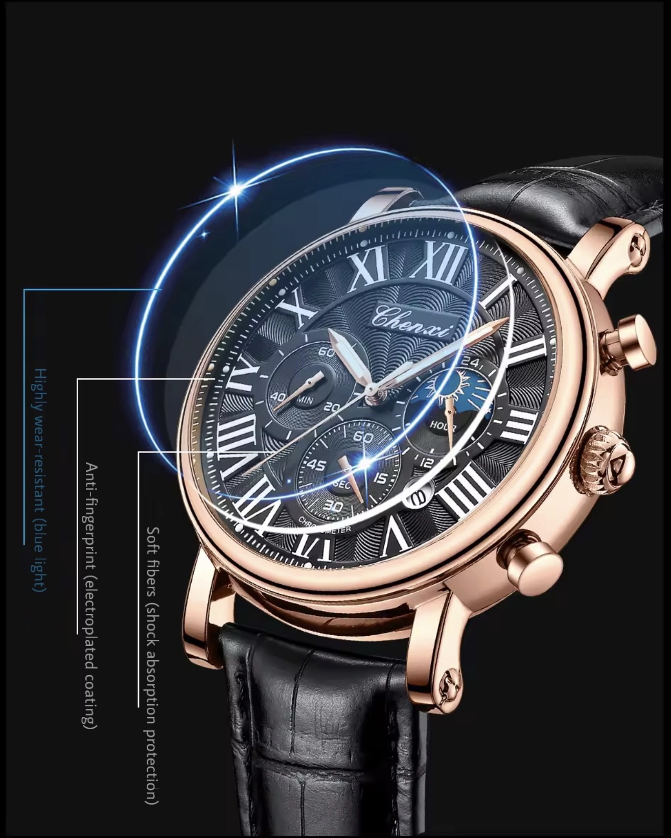 Chenxi CX-972 Chronograph Moonphase (Black-Rosegold)_img_3