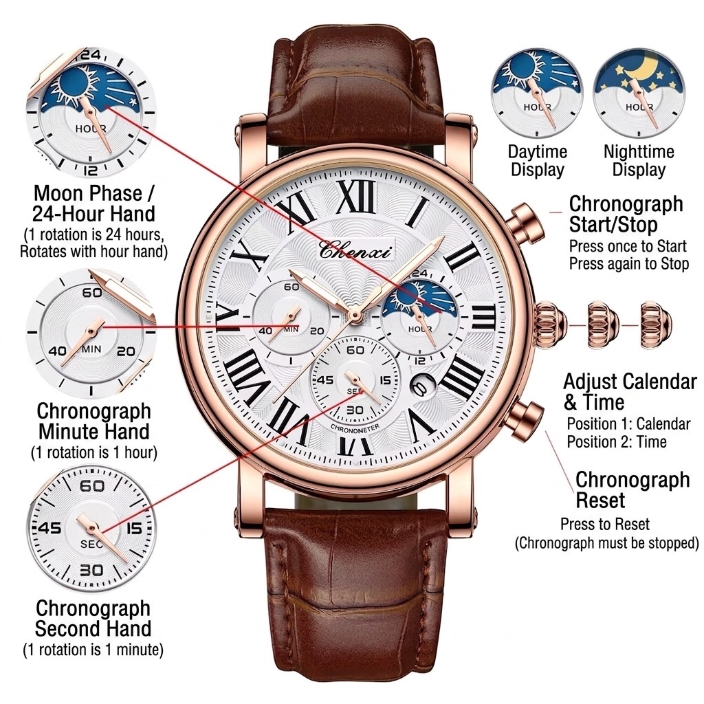 Chenxi CX-972 Chronograph Moonphase (Brown-White)_img_2