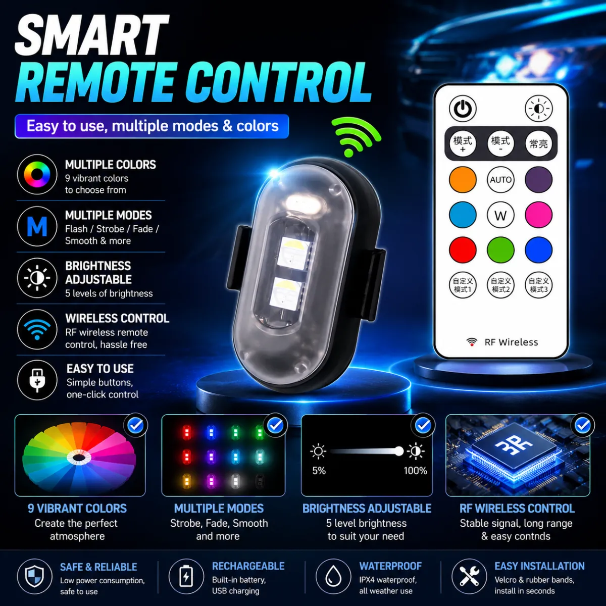 9-Color RGB Wireless Strobe Light with Remote Control