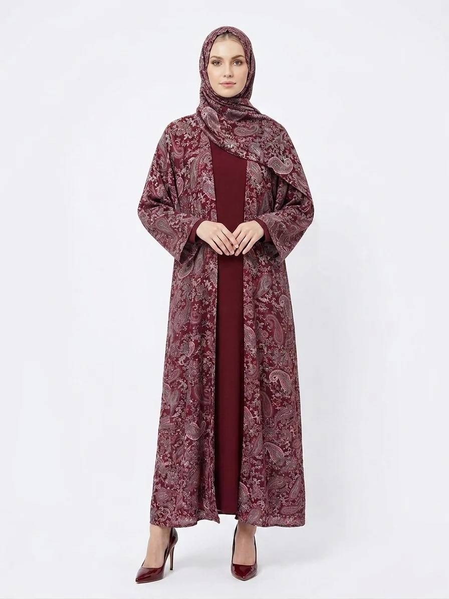 Regal Bordeaux Paisley Pashmina Feel Kimono Dubai Abaya - Image 1