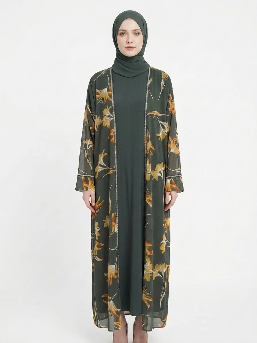 Sage Bloom Sheer Floral Kimono Dubai Abaya - Image 3
