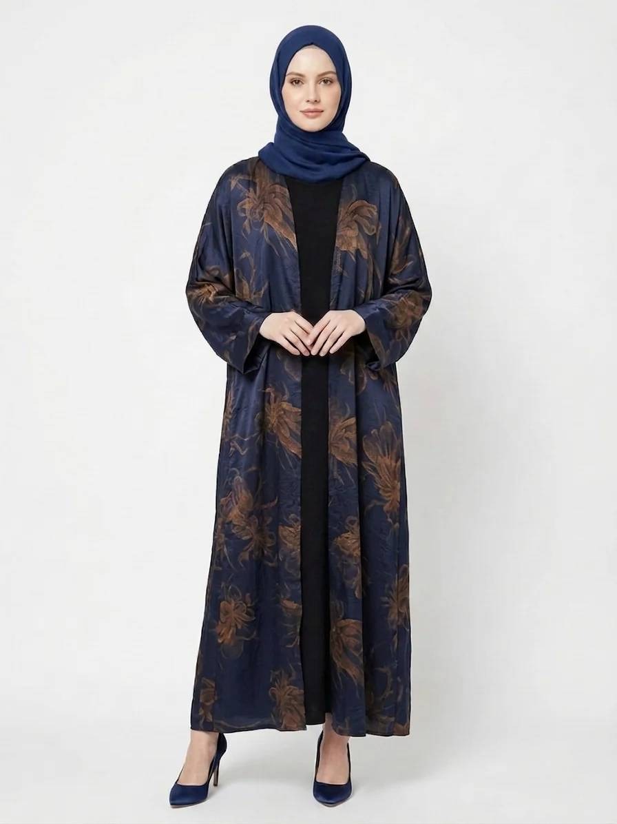 Midnight Navy Gold Satin Kimono Dubai Abaya - Image 1