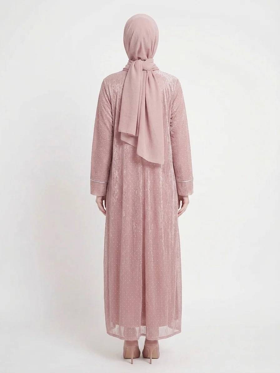 Rose Dust Embellished Kimono Dubai Abaya | Elegant Pink Modest Wear - Image 4