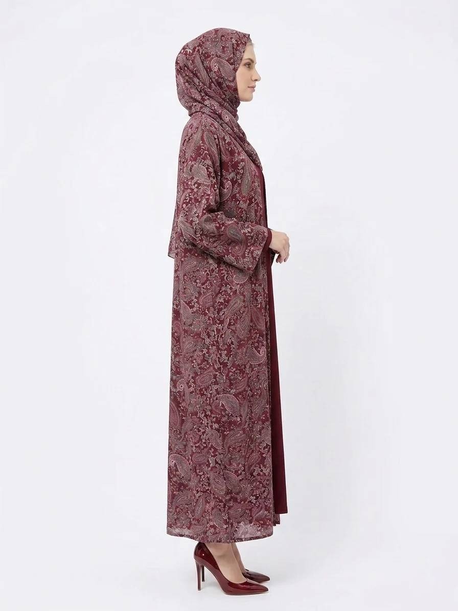 Regal Bordeaux Paisley Pashmina Feel Kimono Dubai Abaya - Image 2