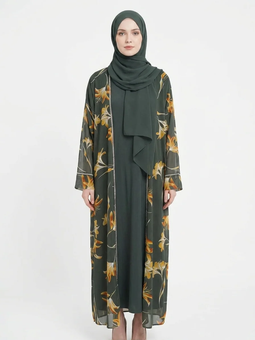 Sage Bloom Sheer Floral Kimono Dubai Abaya - Image 2