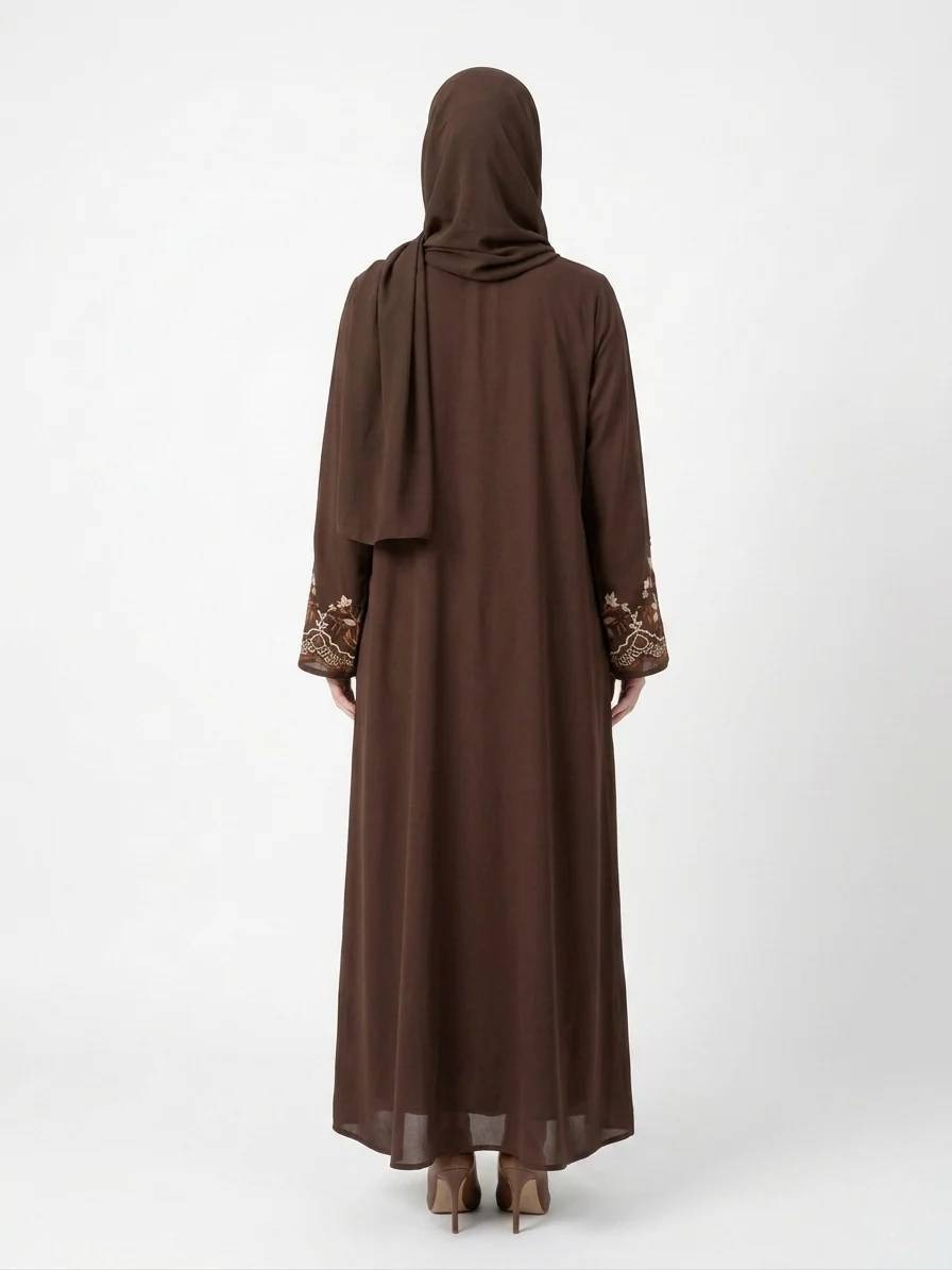 Elegant Chocolate Embroidered Nida Fabric Dubai Abaya - Image 3