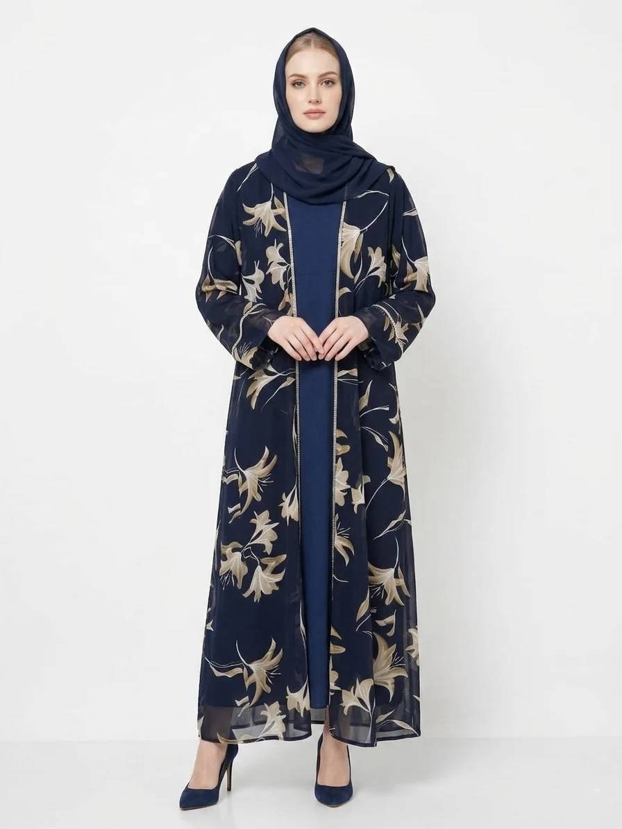Navy Bloom Sheer Floral Kimono Modest Dubai Abaya - Image 3
