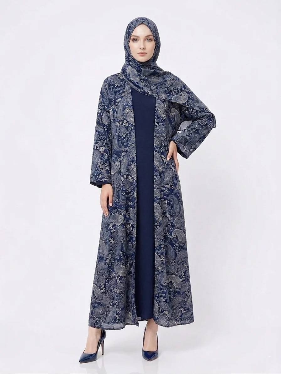 Midnight Blue Paisley Pashmina-Feel Modest Kimono Dubai Abaya - Image 1