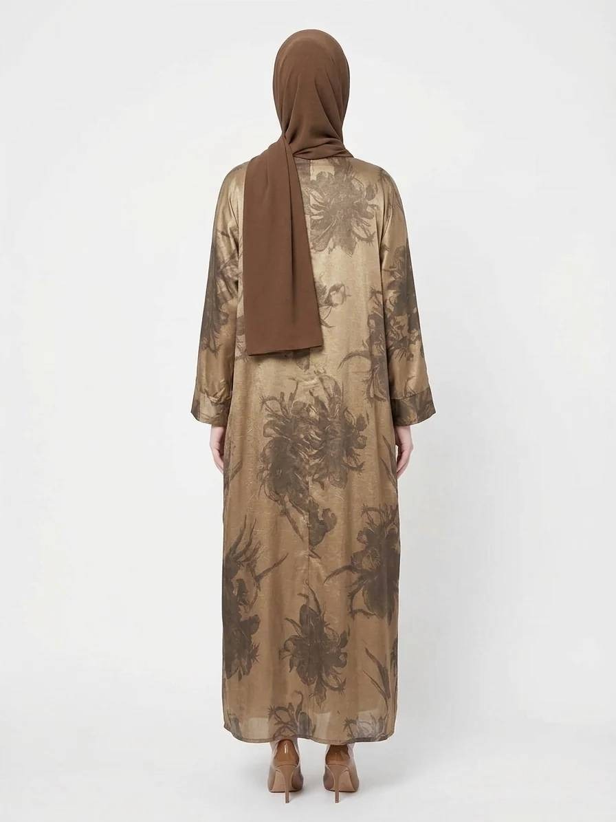 Golden Bronze Satin Kimono Modest Dubai Abaya - Image 3