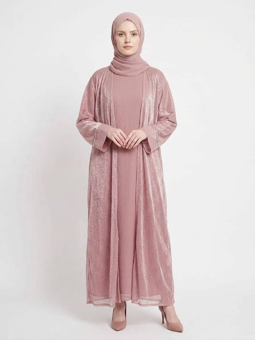 Rose Dust Embellished Kimono Dubai Abaya | Elegant Pink Modest Wear - Image 1