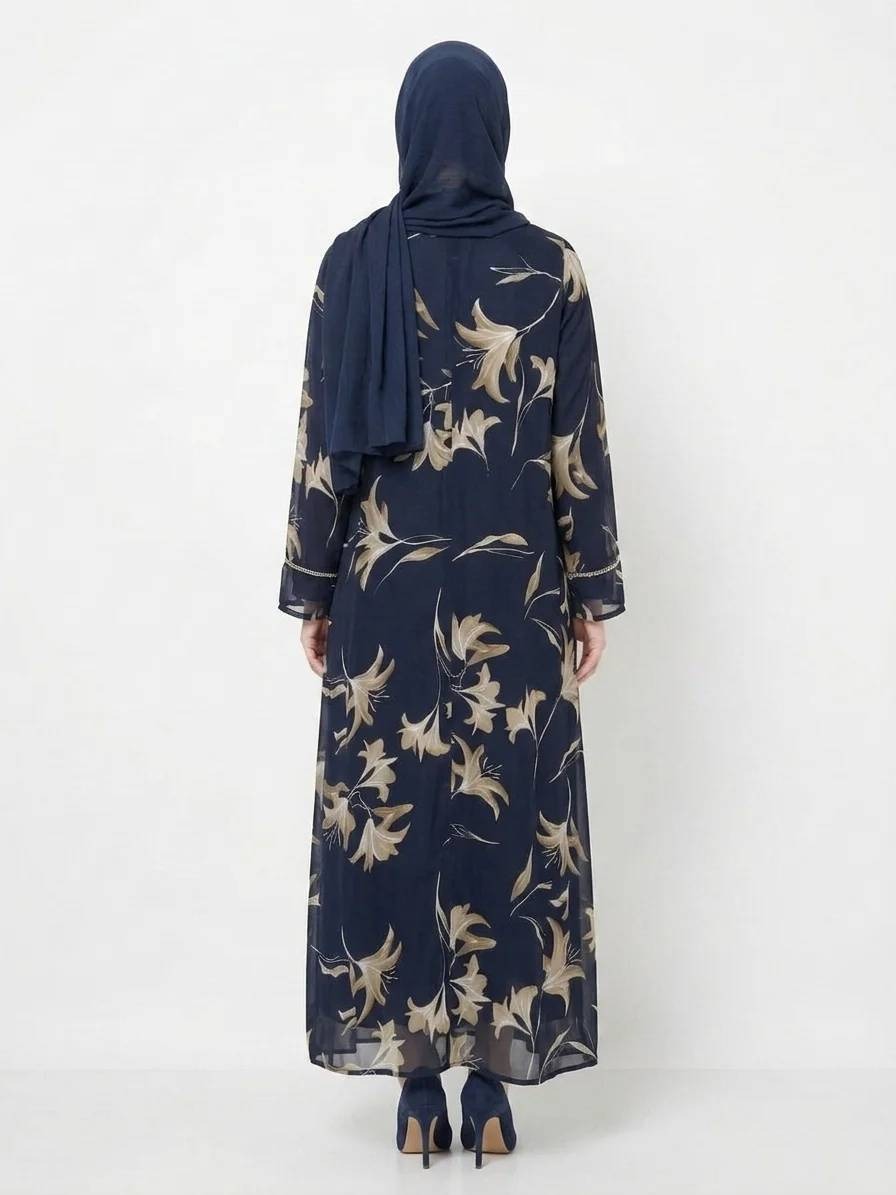 Navy Bloom Sheer Floral Kimono Modest Dubai Abaya - Image 2