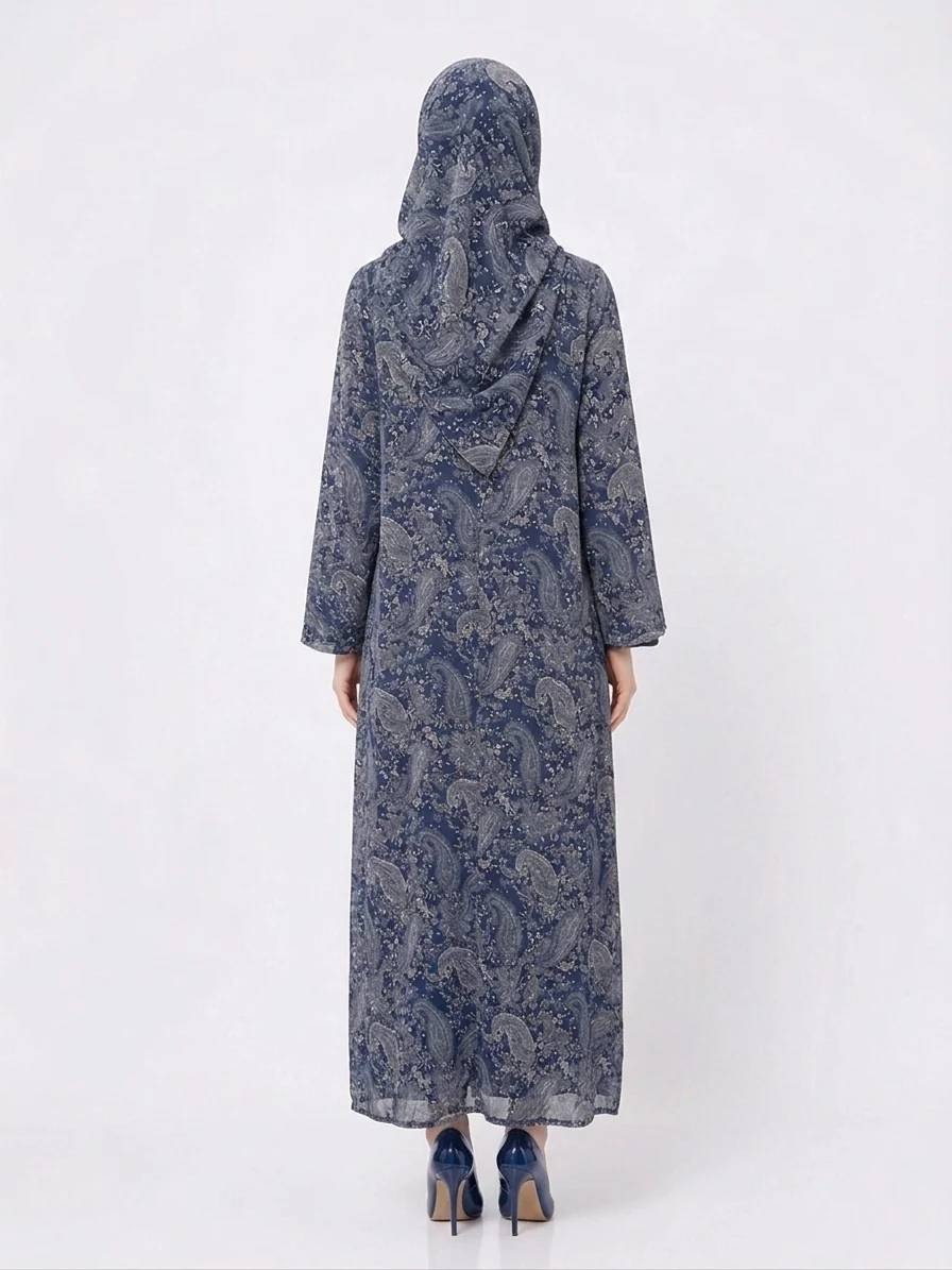 Midnight Blue Paisley Pashmina-Feel Modest Kimono Dubai Abaya - Image 3
