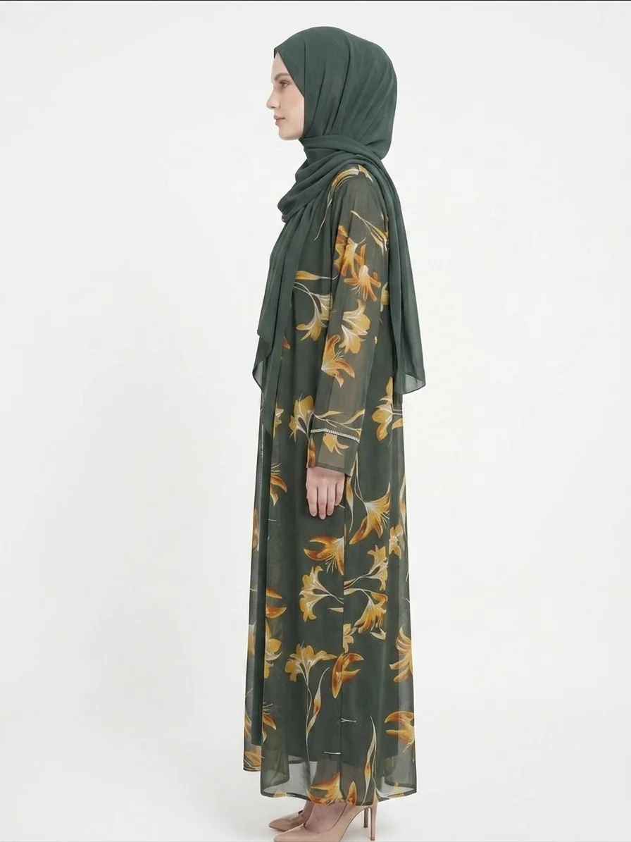 Sage Bloom Sheer Floral Kimono Dubai Abaya - Image 4