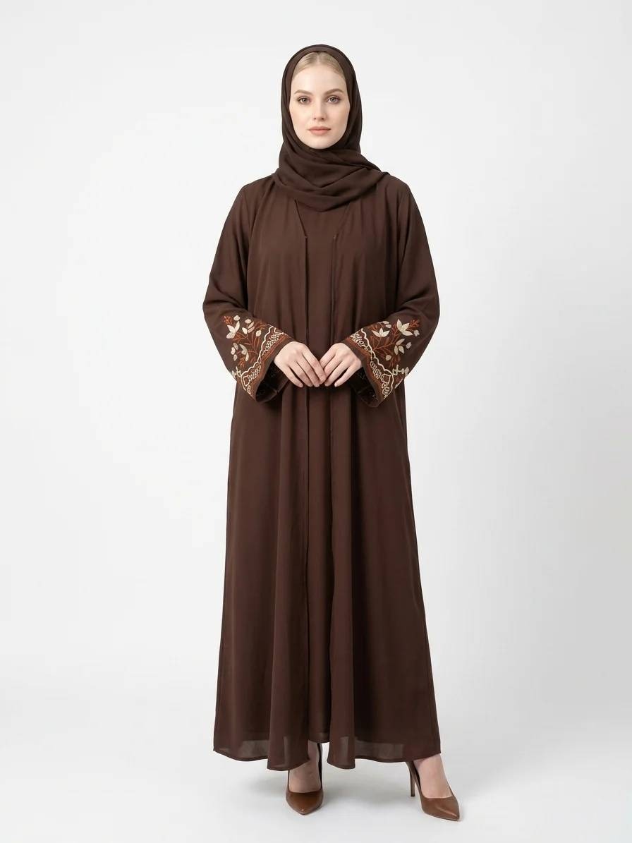 Elegant Chocolate Embroidered Nida Fabric Dubai Abaya - Image 1