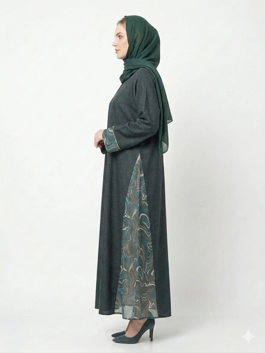 Emerald Fusion Textured Cotton & Sheer Side Chiffon Dubai Abaya - Image 7