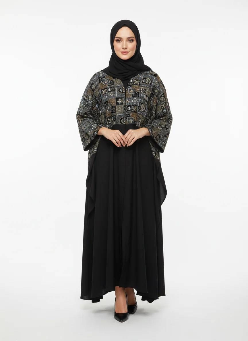 Iconic Velvet-Top Farasha Embroidered Nida Fabric Dubai Abaya - Image 2