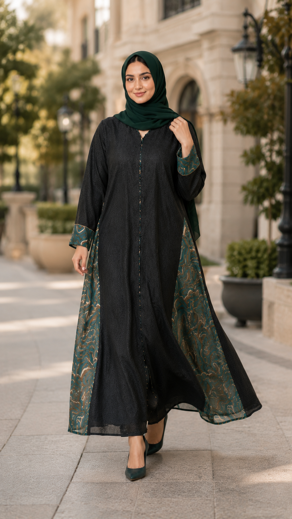 Emerald Fusion Textured Cotton & Sheer Side Chiffon Dubai Abaya - Image 4