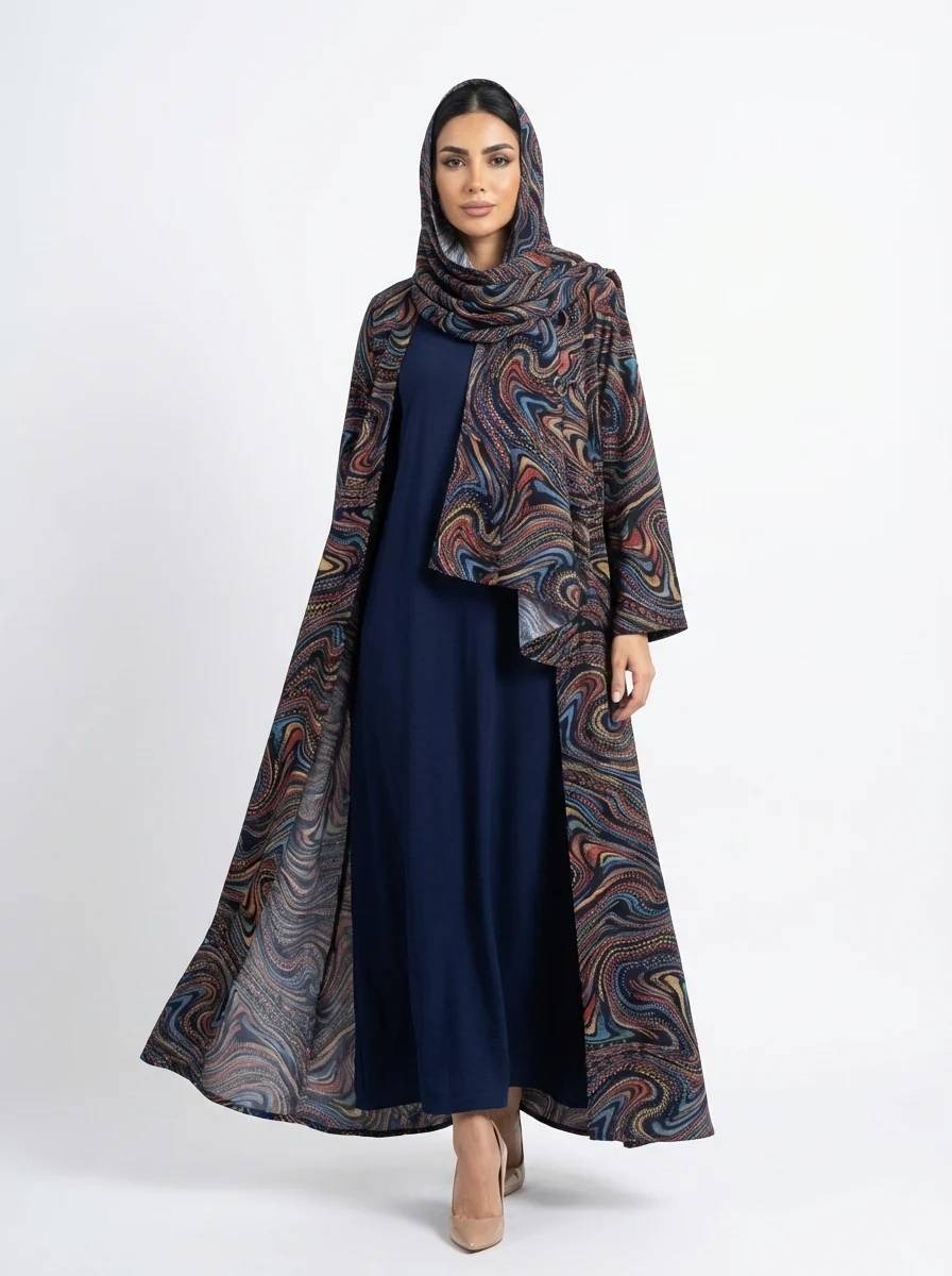 Azure Vortex Blue Kimono-Style Swirl Print Dubai Abaya - Image 1
