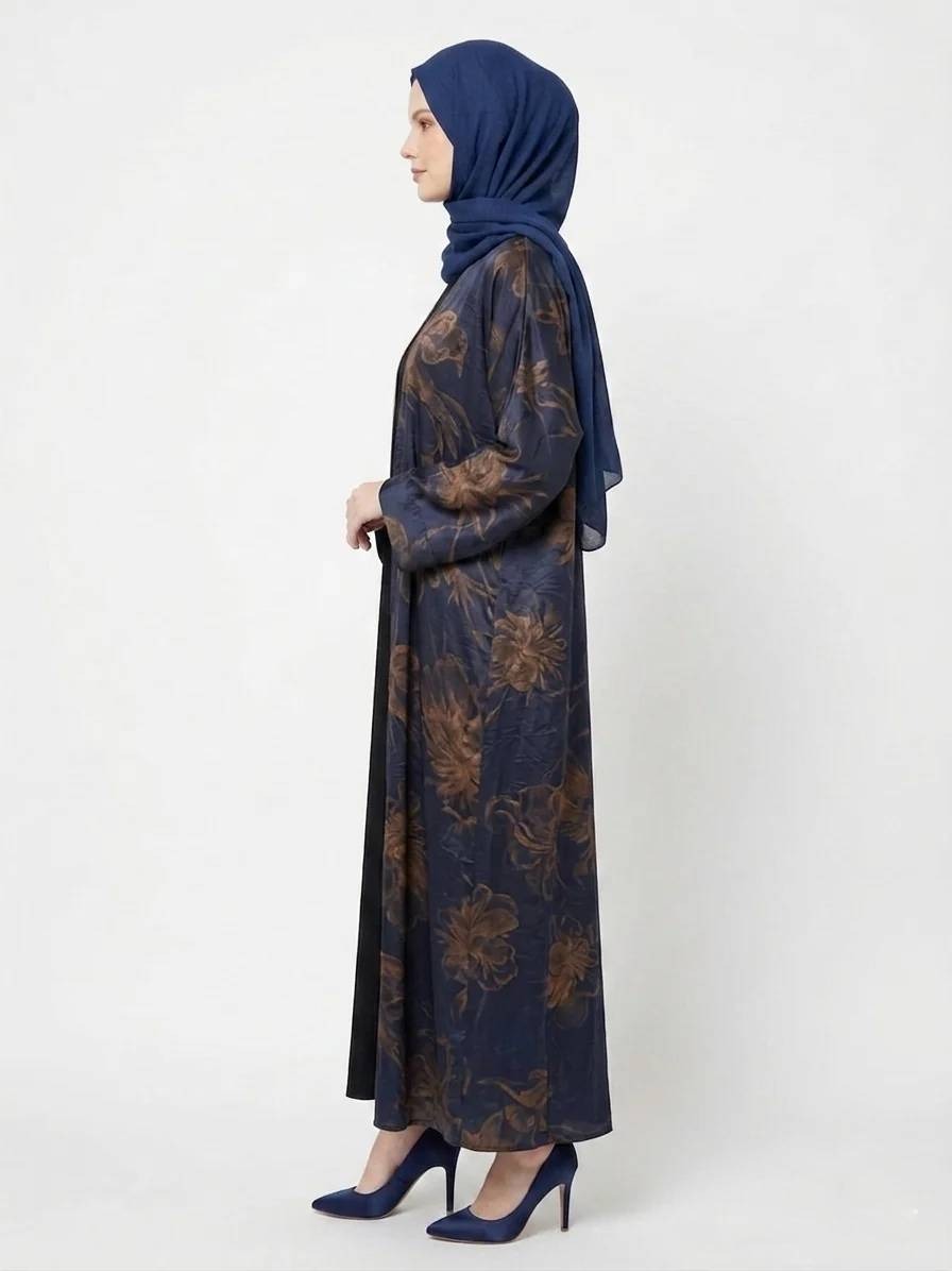 Midnight Navy Gold Satin Kimono Dubai Abaya - Image 2