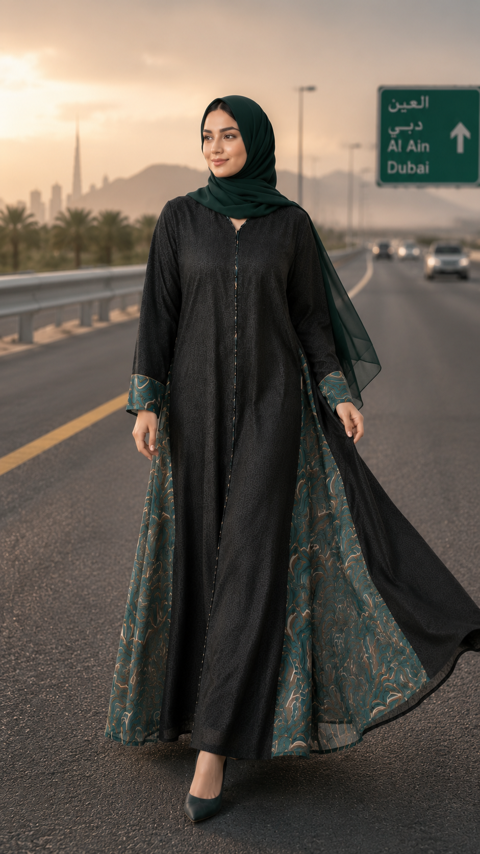 Emerald Fusion Textured Cotton & Sheer Side Chiffon Dubai Abaya - Image 1