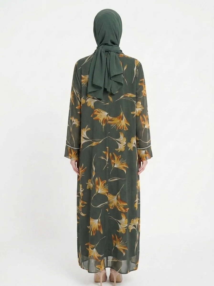 Sage Bloom Sheer Floral Kimono Dubai Abaya - Image 1