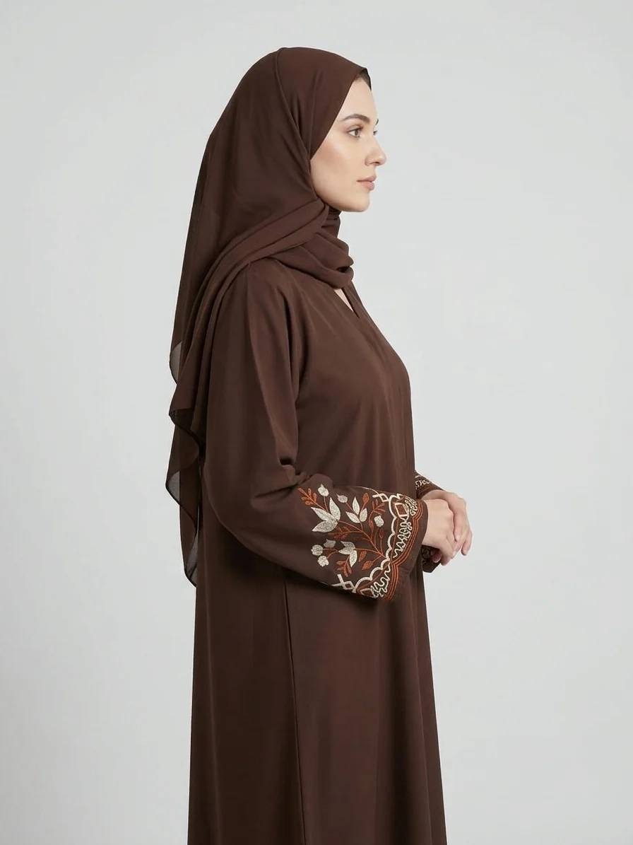 Elegant Chocolate Embroidered Nida Fabric Dubai Abaya - Image 2