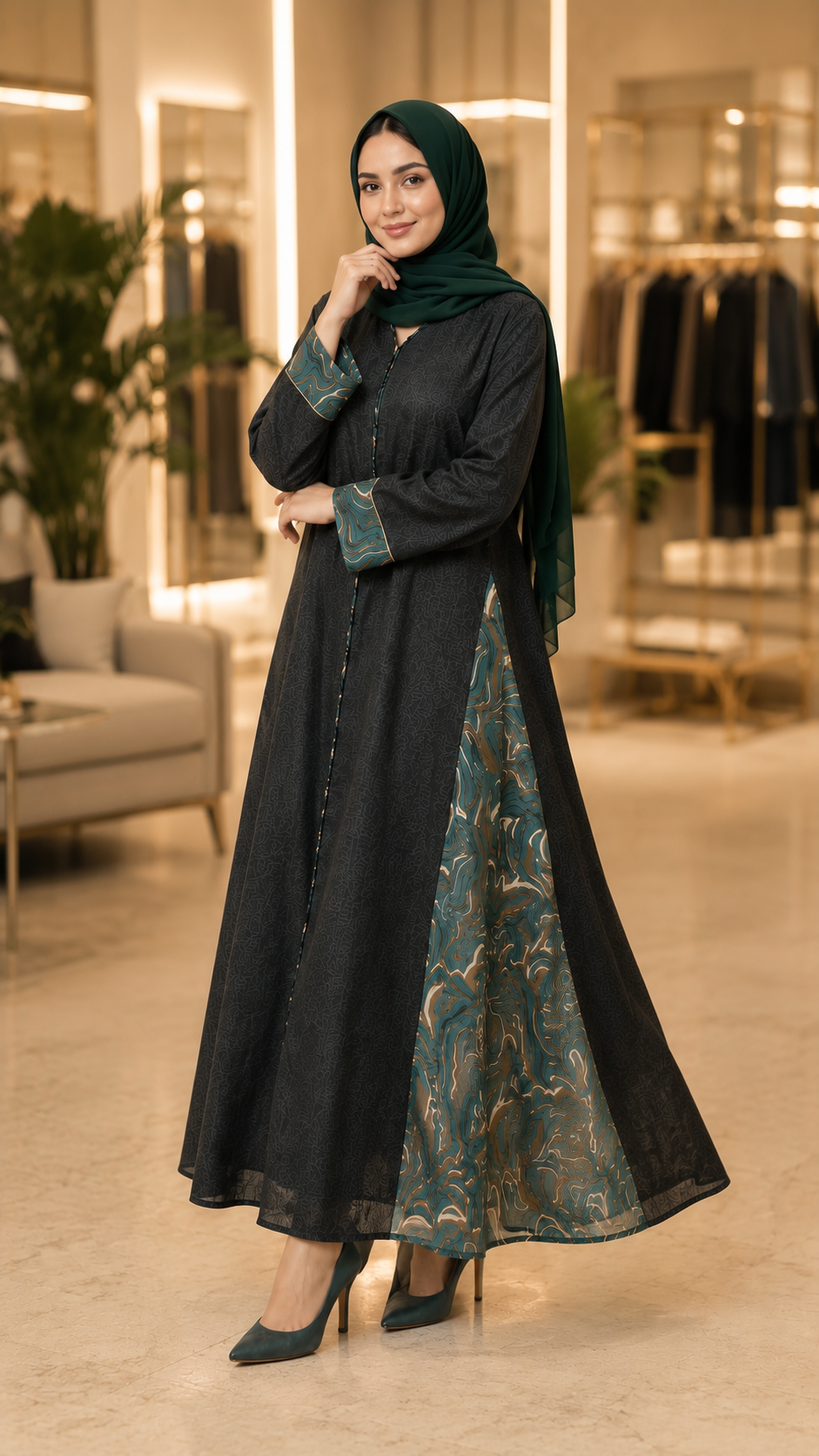 Emerald Fusion Textured Cotton & Sheer Side Chiffon Dubai Abaya - Image 2