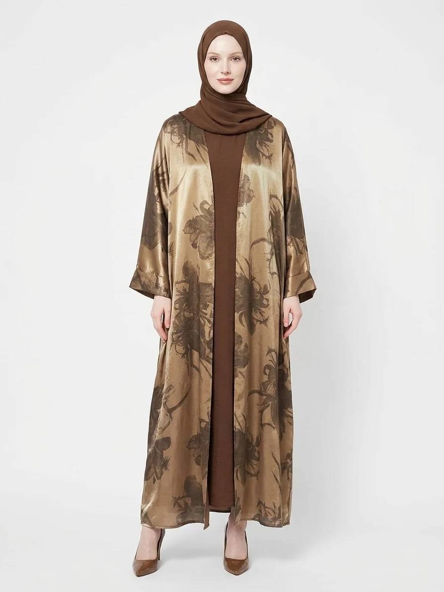 Golden Bronze Satin Kimono Modest Dubai Abaya - Image 1