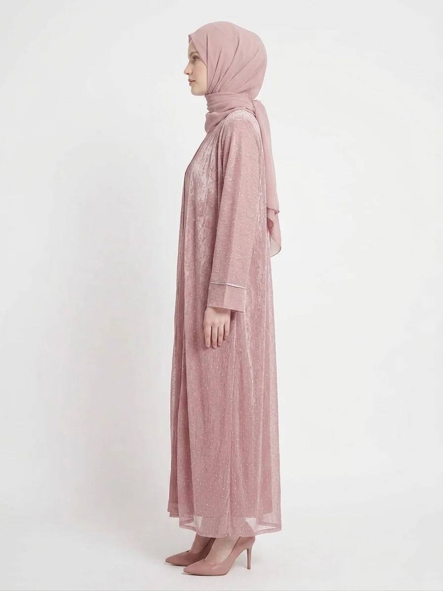 Rose Dust Embellished Kimono Dubai Abaya | Elegant Pink Modest Wear - Image 2