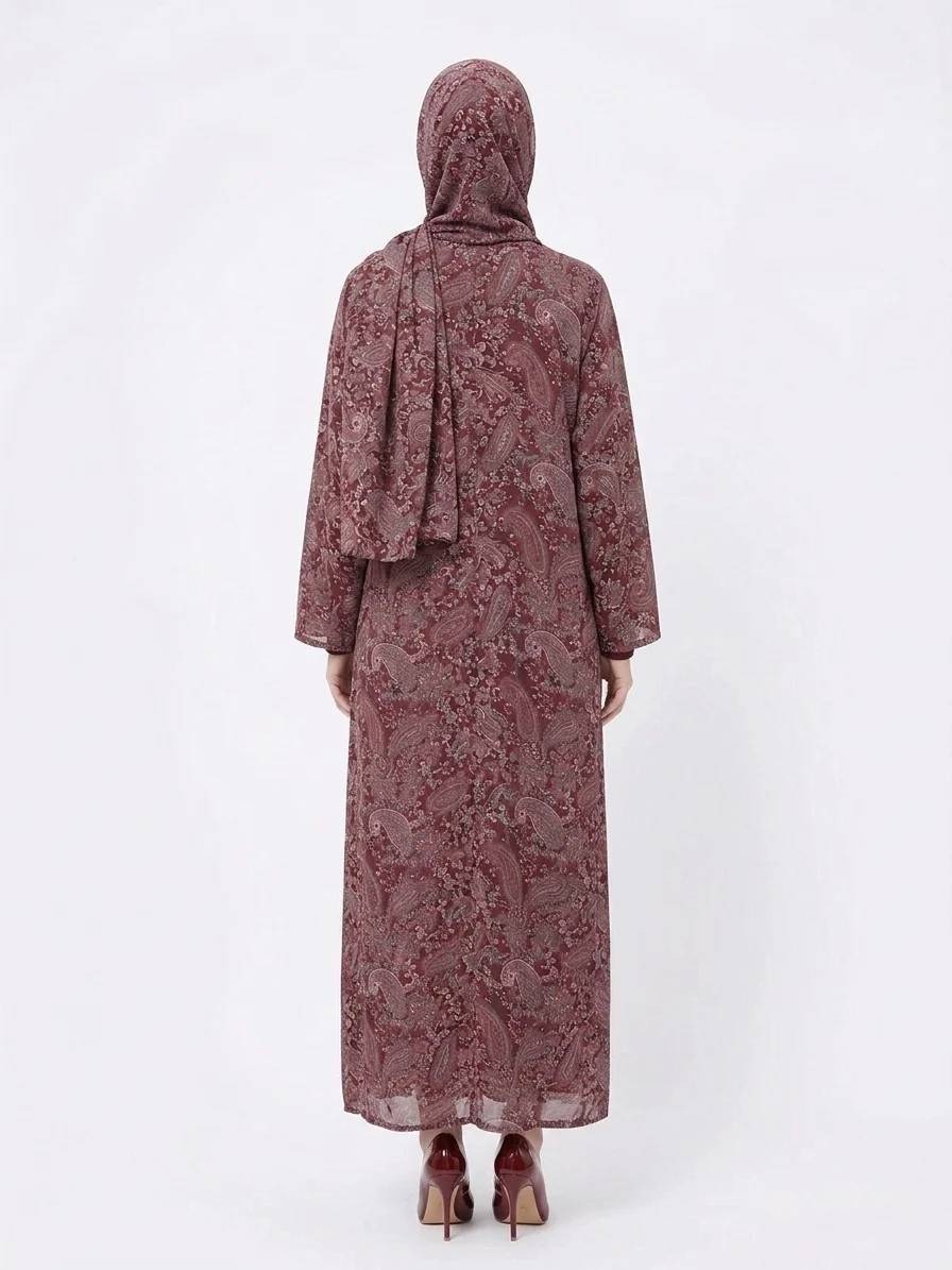 Regal Bordeaux Paisley Pashmina Feel Kimono Dubai Abaya - Image 3