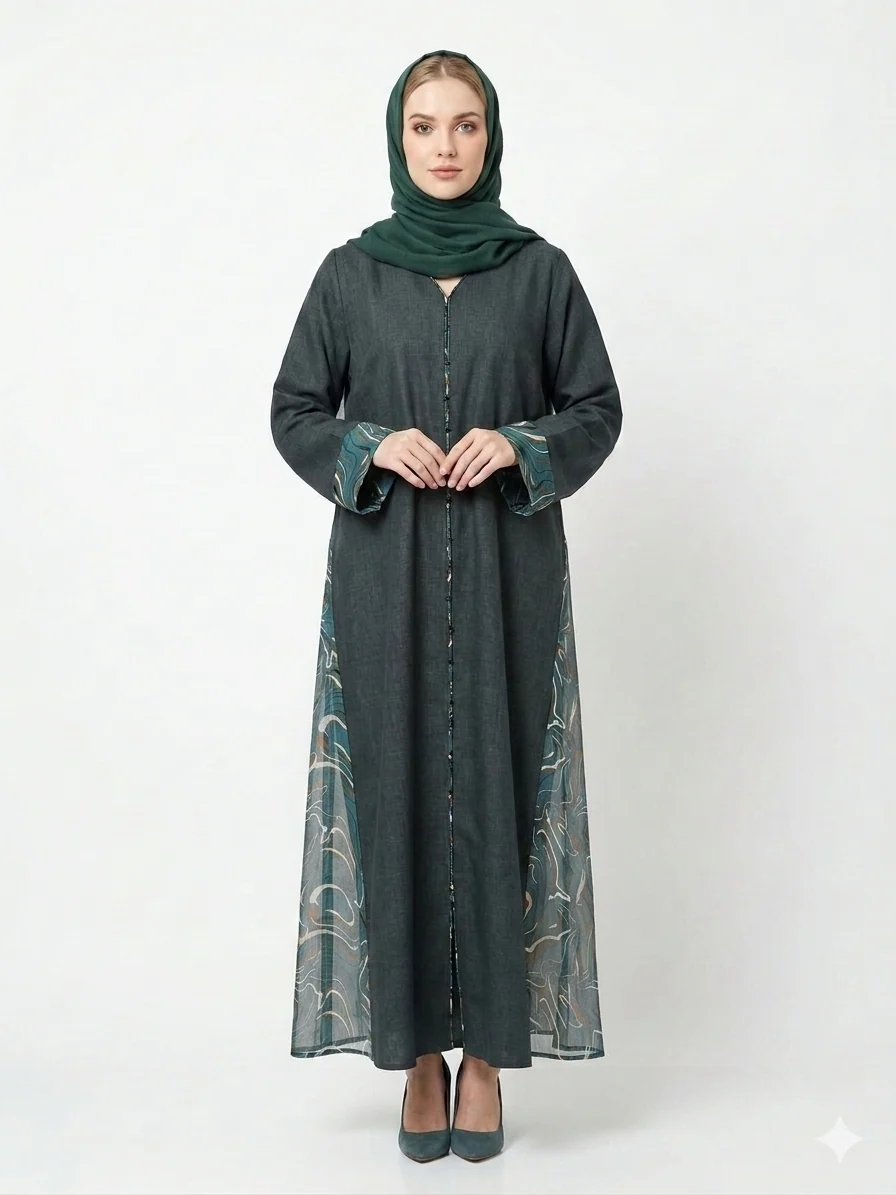 Emerald Fusion Textured Cotton & Sheer Side Chiffon Dubai Abaya - Image 6