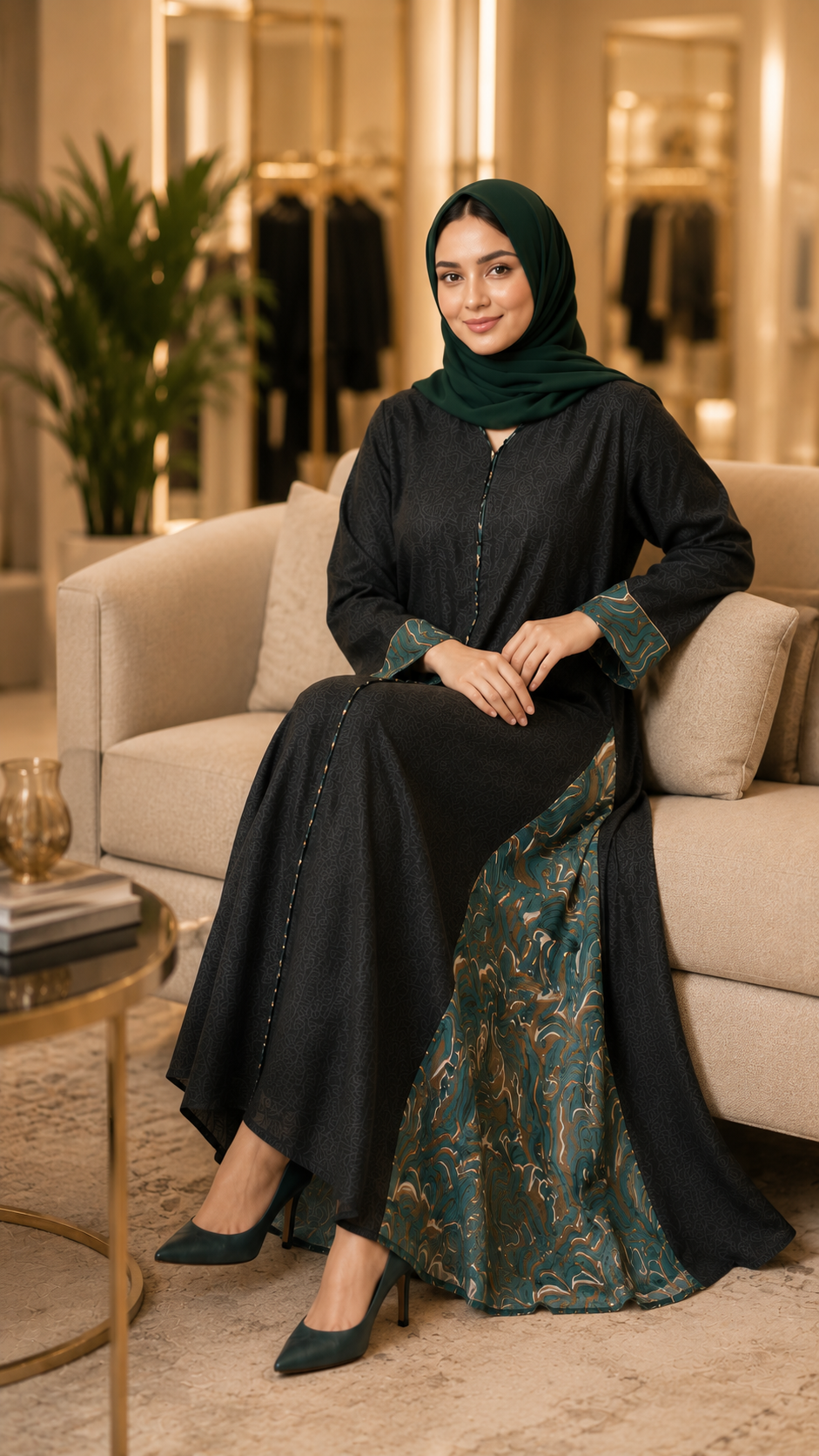 Emerald Fusion Textured Cotton & Sheer Side Chiffon Dubai Abaya - Image 3