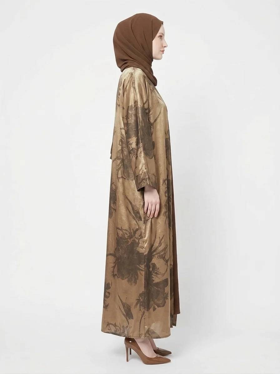 Golden Bronze Satin Kimono Modest Dubai Abaya - Image 2